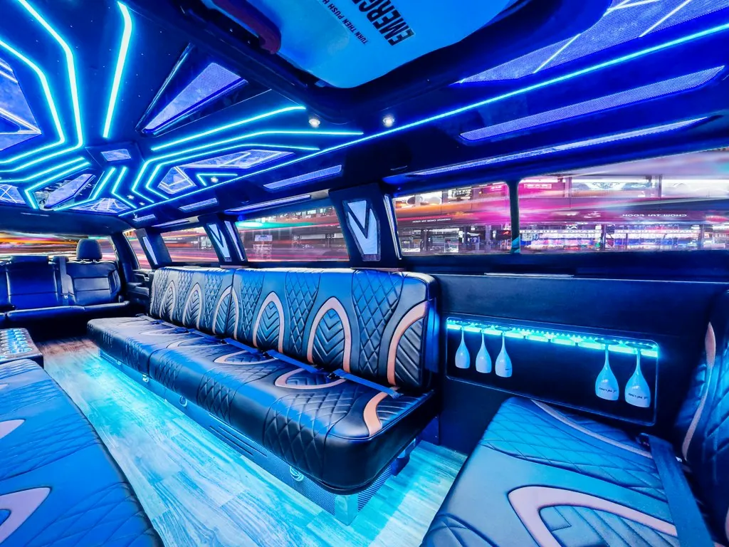 image of 16 passenger GMC Sierra stretched limousine  interior view from front bench seat
